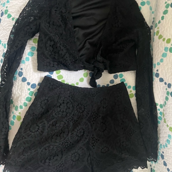 Nasty Gal Black Lace Crop Top and Shorts Set - Picture 1 of 7